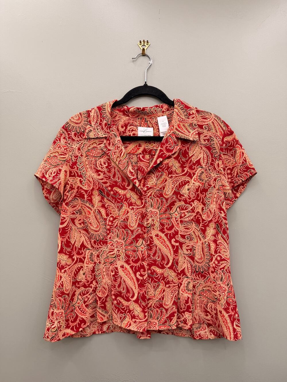 Emma James Liz Claiborne Paisley Button Front Blouse Red Boho Size 12